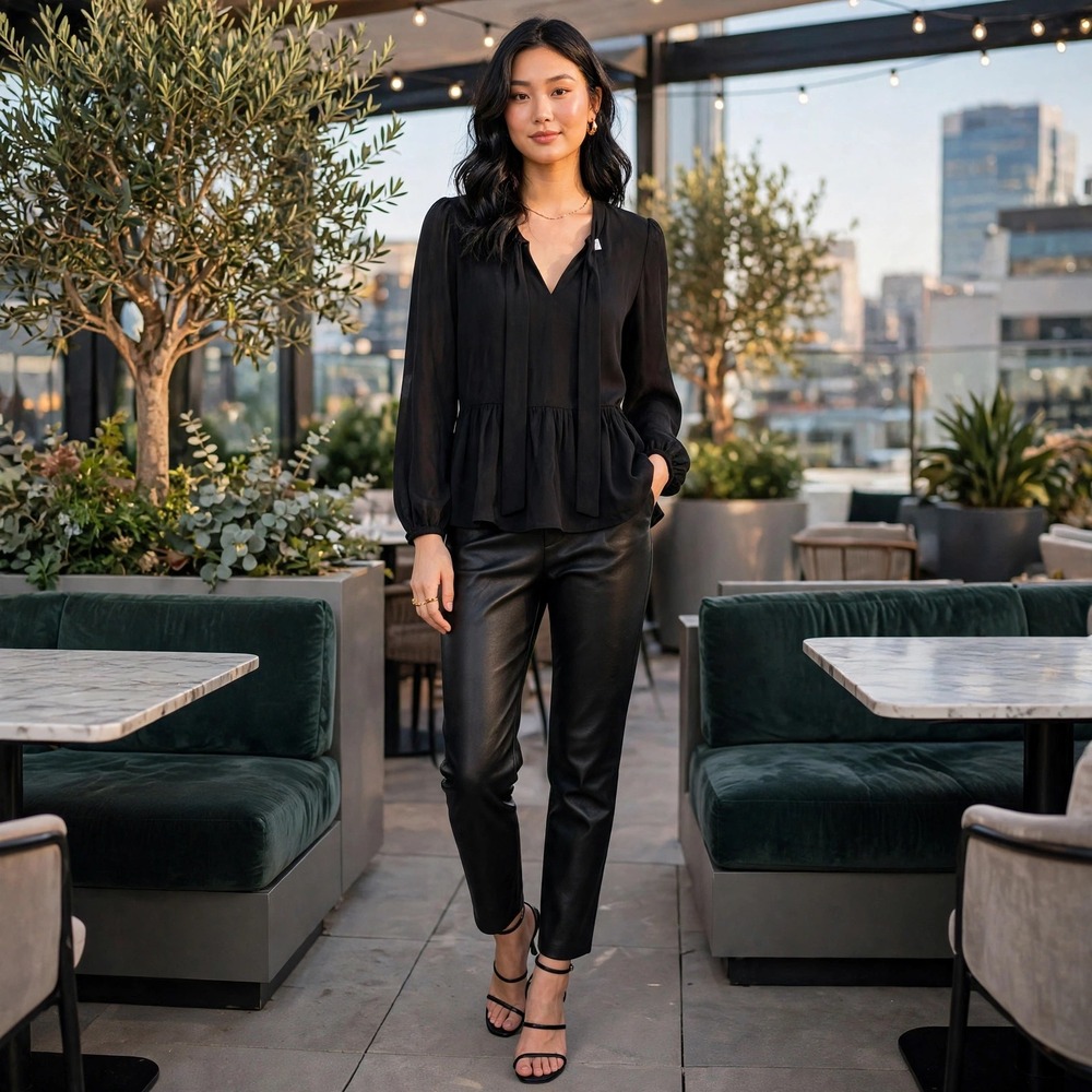 DR2 by‎ Daniel Rainn Black Tie Neck Peplum Blouse Long Sleeve Shadow Stripe XS